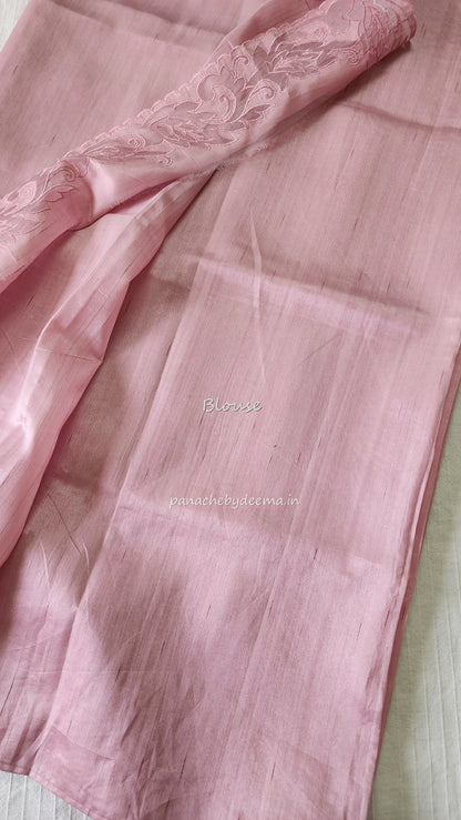 Semi tussar applique cut work saree with scalloped borders | light pink | AST1