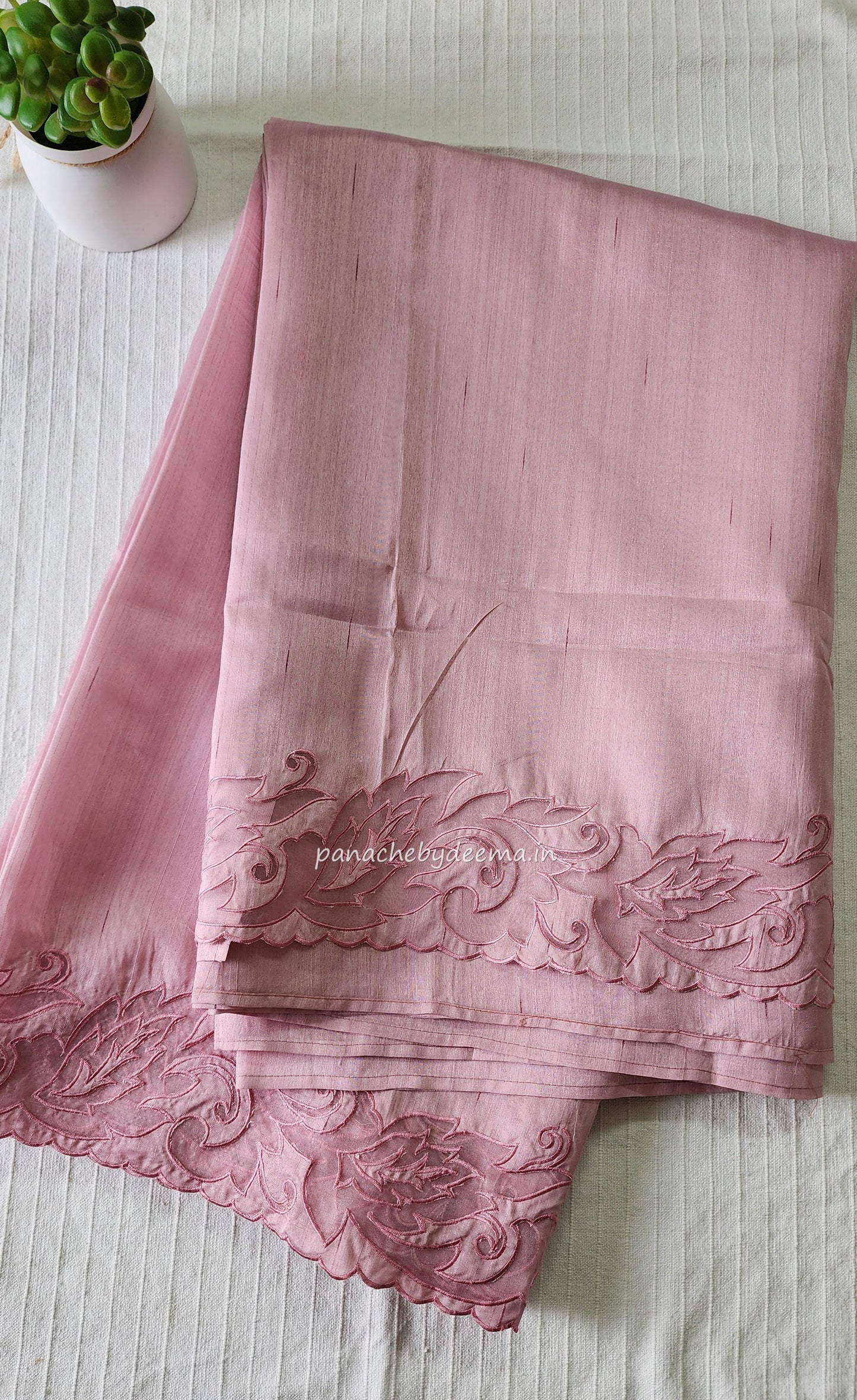 Semi tussar applique cut work saree with scalloped borders | light pink | AST1