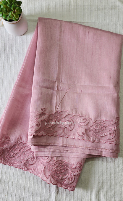 Semi tussar applique cut work saree with scalloped borders | light pink | AST1