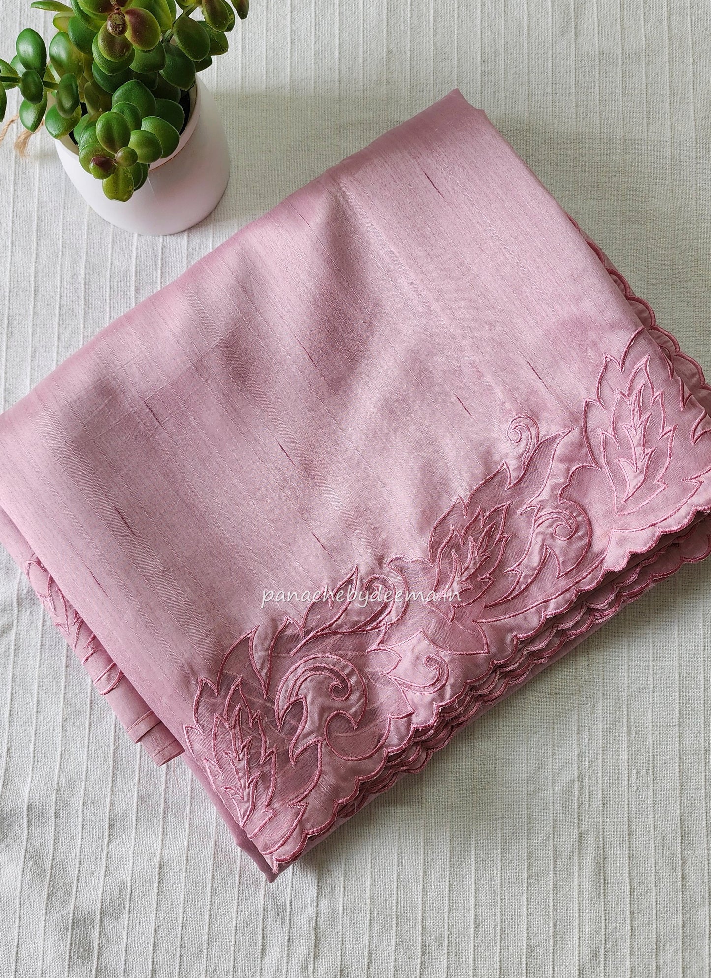 Semi tussar applique cut work saree with scalloped borders | light pink | AST1