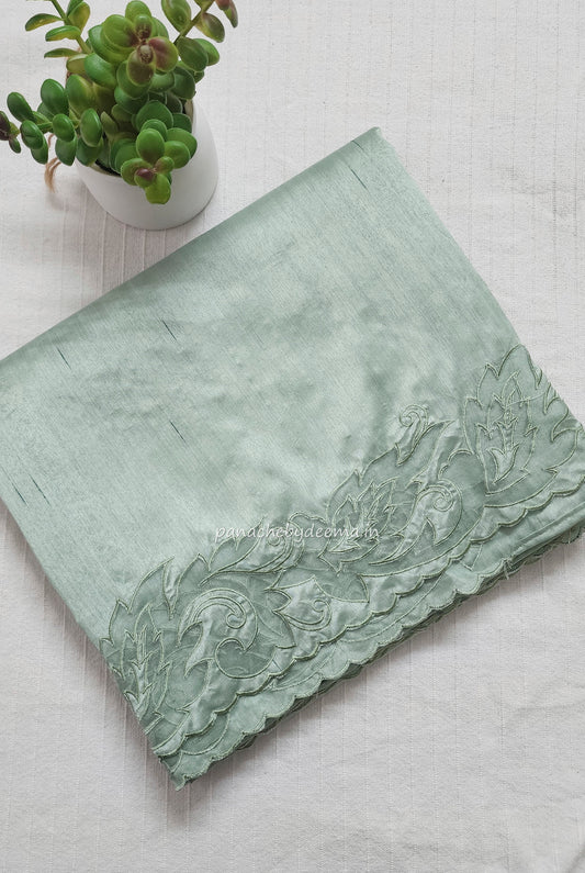 Semi tussar applique cut work saree with scalloped borders |Pastel green | AST2