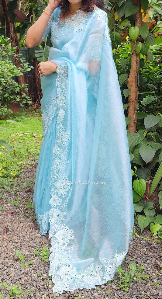 Organza glass tissue saree with embroidery and cutwork borders | Blue |GL1