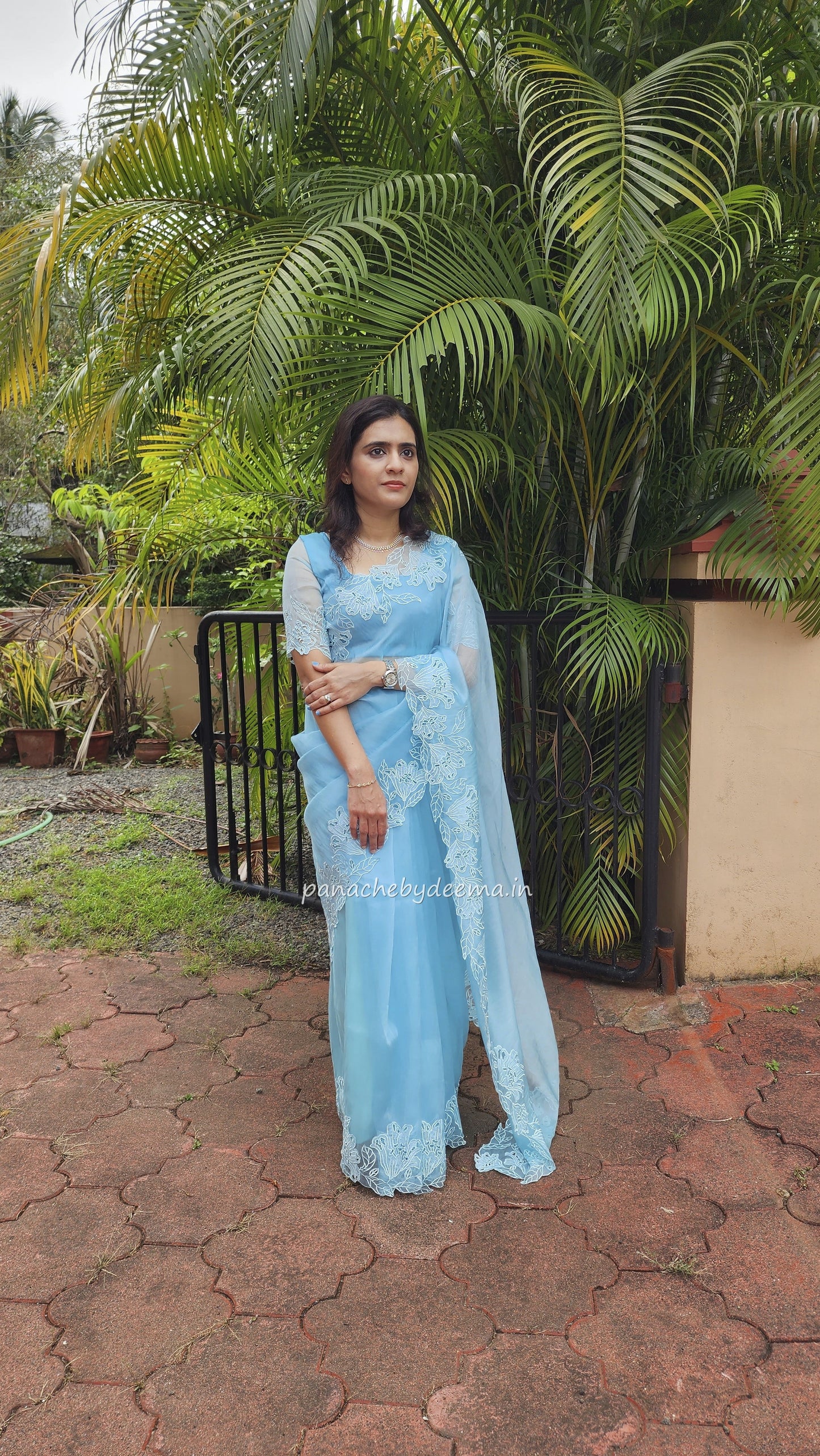 Organza glass tissue saree with embroidery and cutwork borders | Blue |GL1