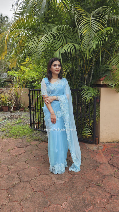 Organza glass tissue saree with embroidery and cutwork borders | Blue |GL1