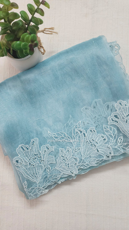 Organza glass tissue saree with embroidery and cutwork borders | Blue |GL1