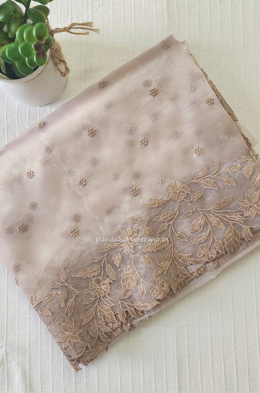 Soft organza saree with embroidery and scalloped borders| Champaigne|GL2