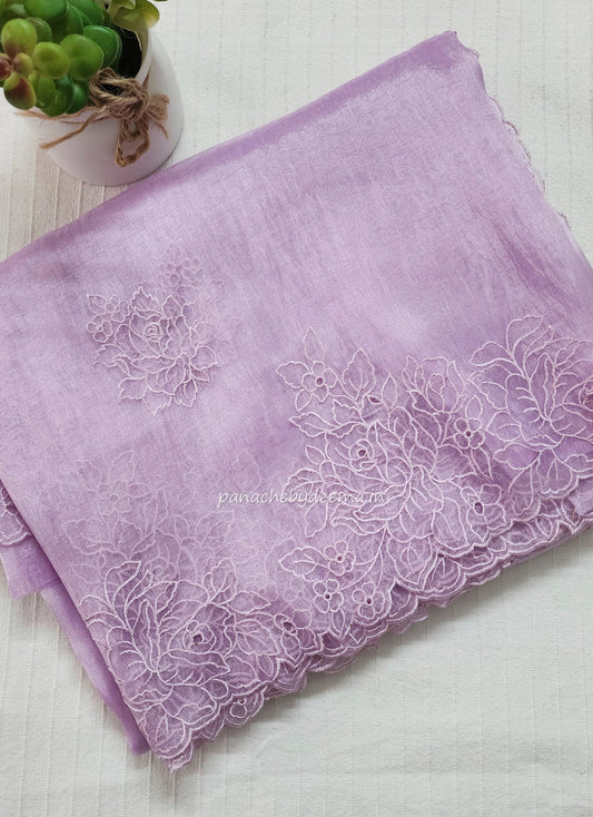 Organza glass tissue saree with embroidery and cutwork  with scalloped borders | Lavender |GL3