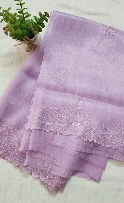 Organza glass tissue saree with embroidery and cutwork  with scalloped borders | Lavender |GL3