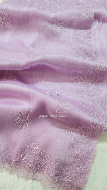 Organza glass tissue saree with embroidery and cutwork  with scalloped borders | Lavender |GL3