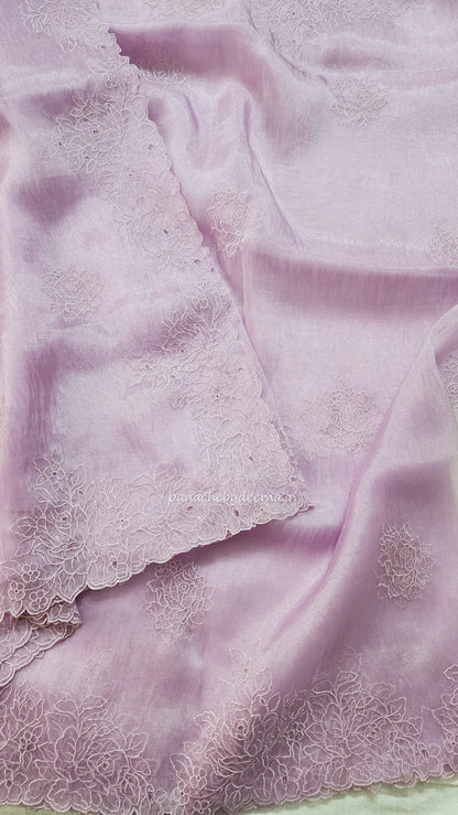 Organza glass tissue saree with embroidery and cutwork  with scalloped borders | Lavender |GL3