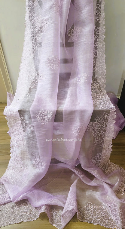 Organza glass tissue saree with embroidery and cutwork  with scalloped borders | Lavender |GL3