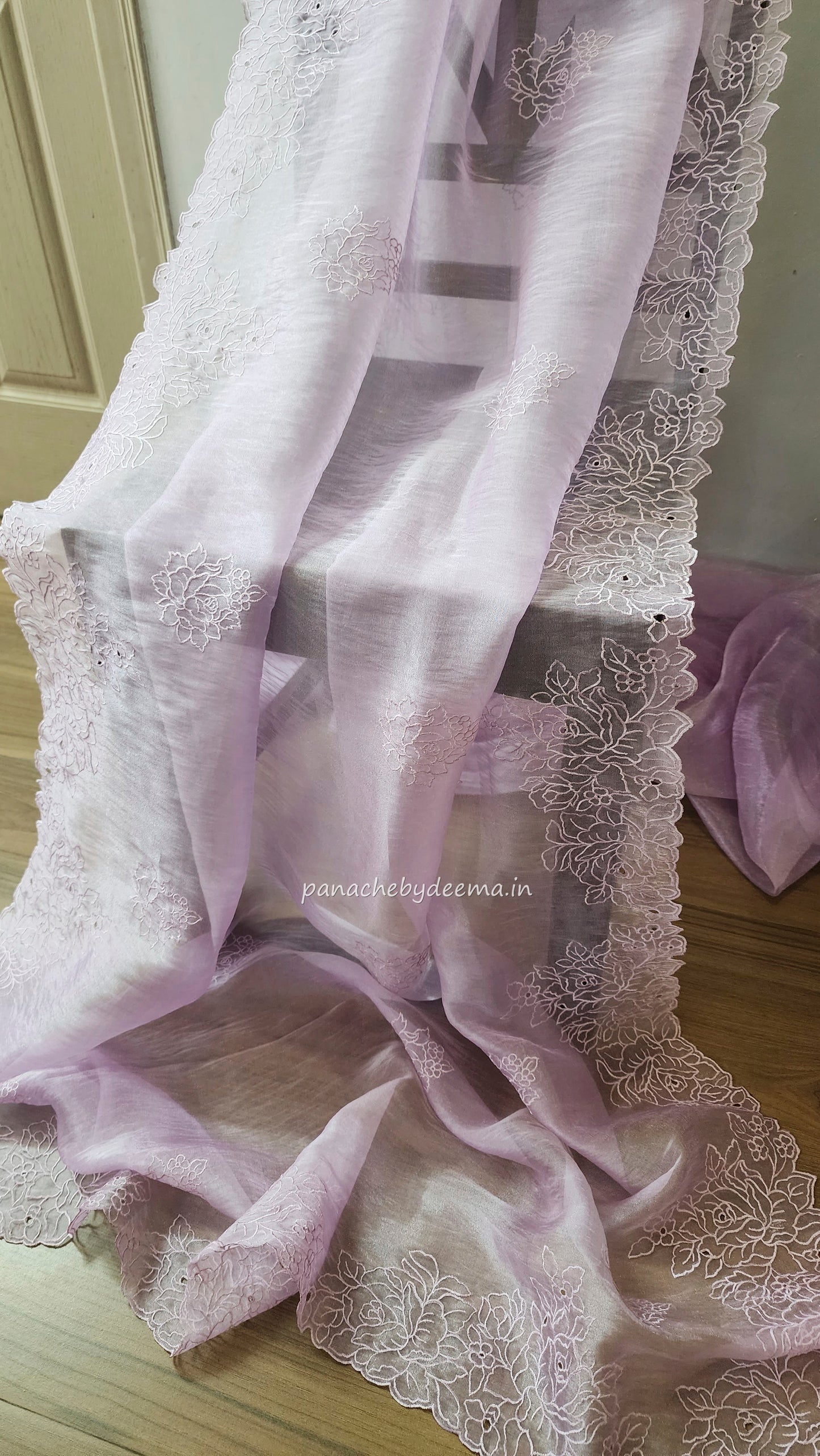 Organza glass tissue saree with embroidery and cutwork  with scalloped borders | Lavender |GL3