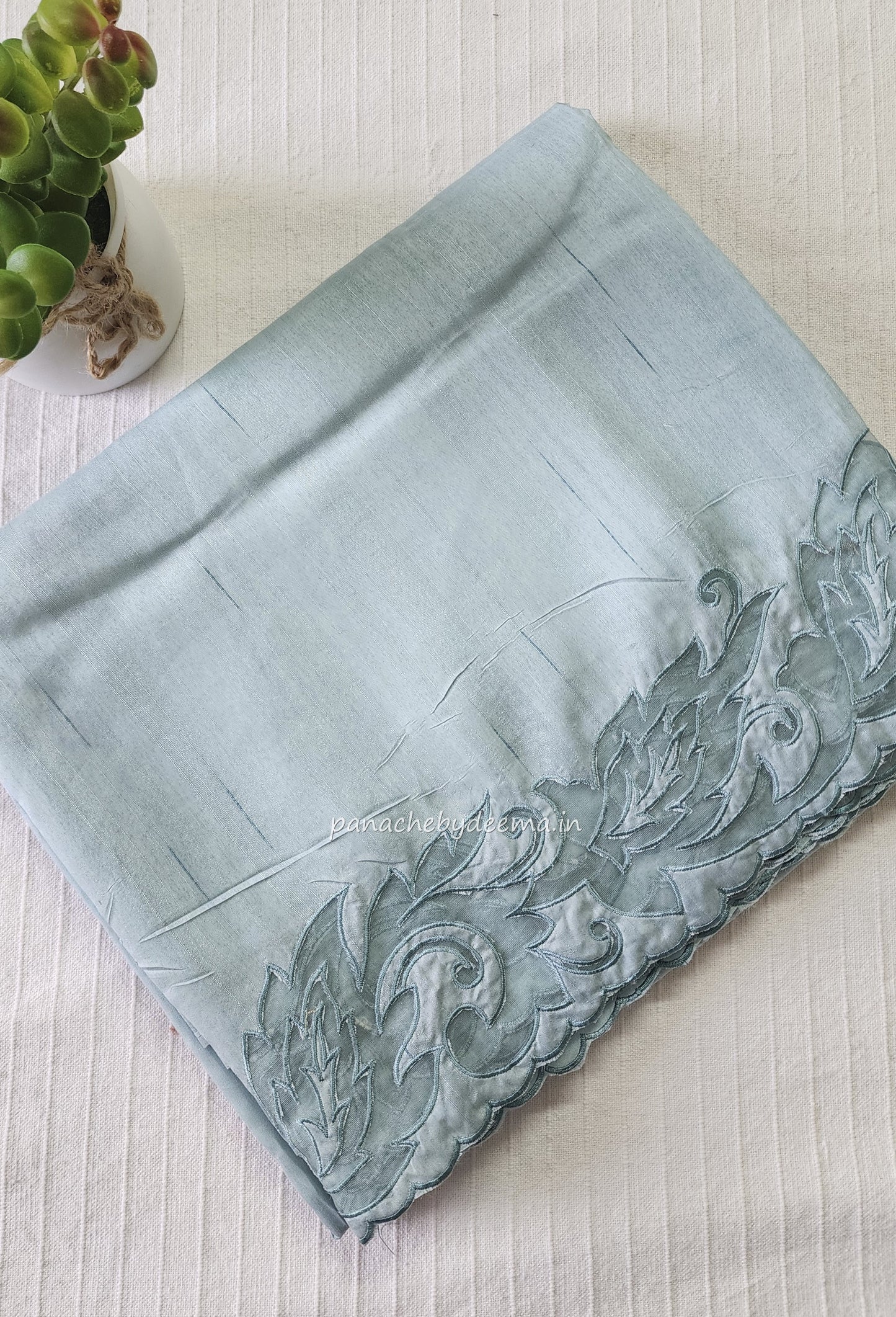 Semi tussar applique cut work saree with scalloped borders |Pastel blue| AST3