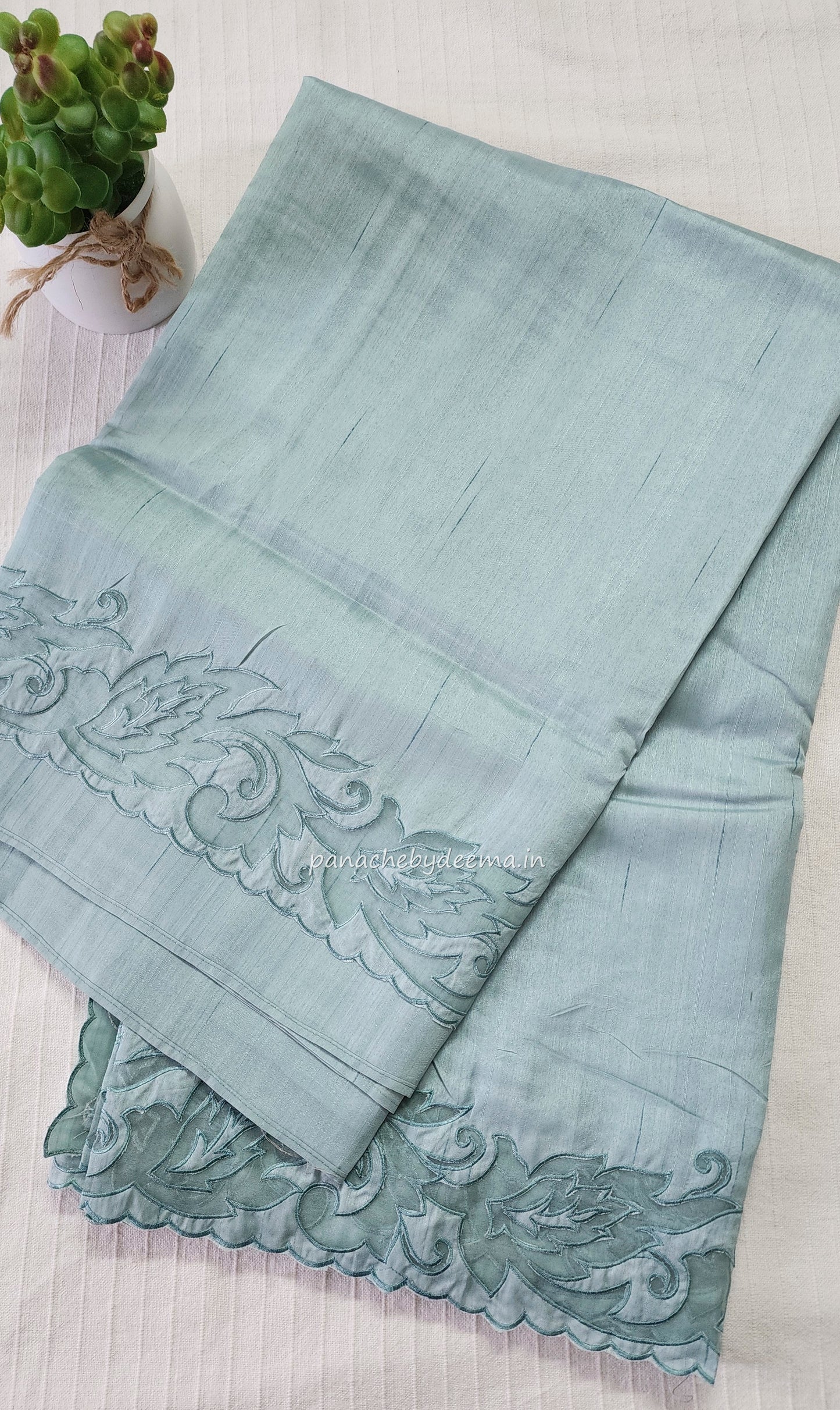Semi tussar applique cut work saree with scalloped borders |Pastel blue| AST3