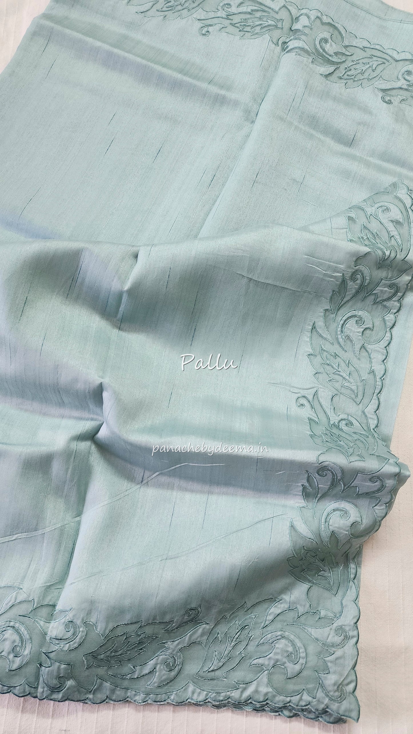 Semi tussar applique cut work saree with scalloped borders |Pastel blue| AST3