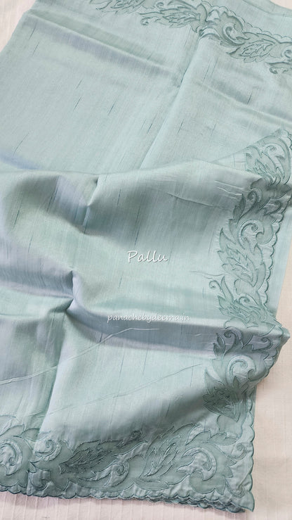 Semi tussar applique cut work saree with scalloped borders |Pastel blue| AST3