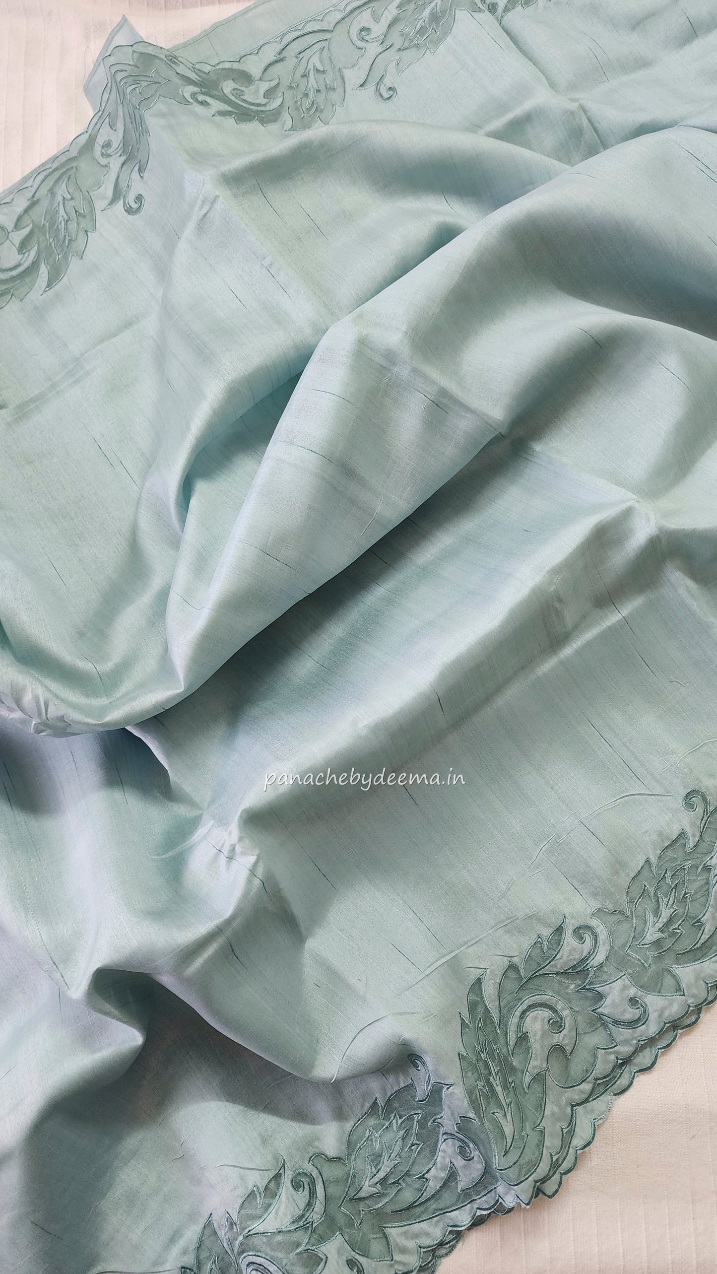 Semi tussar applique cut work saree with scalloped borders |Pastel blue| AST3