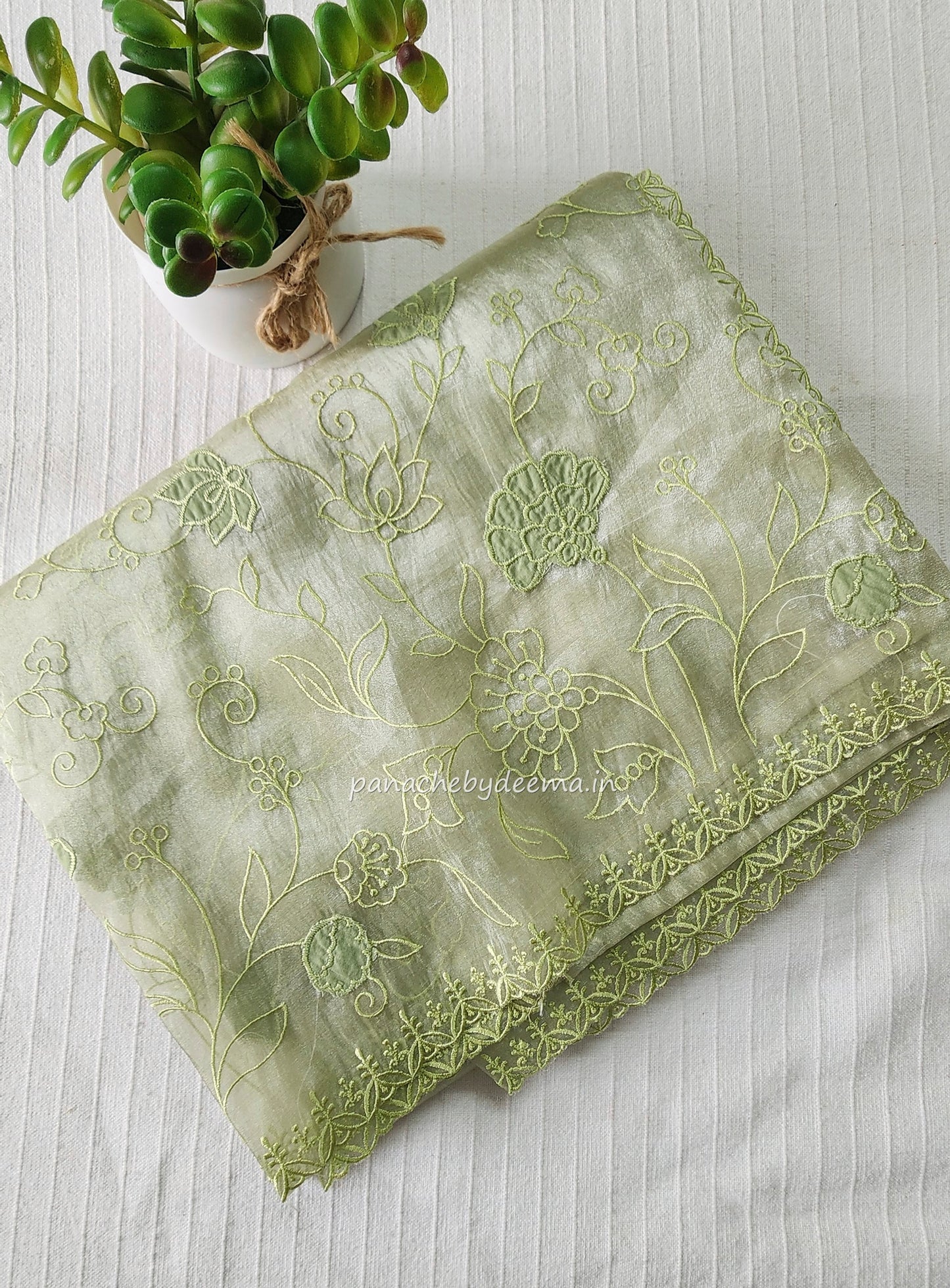 Tissue organza saree with applique work and embroidery |Light Pistah Green| AST5