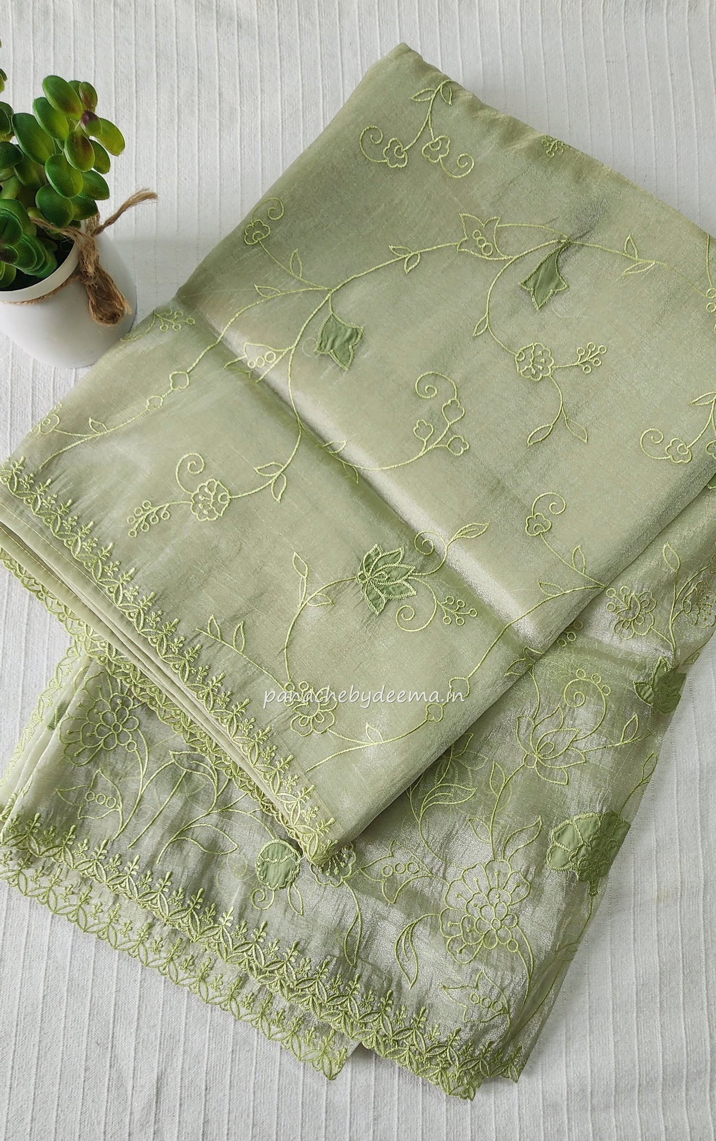 Tissue organza saree with applique work and embroidery |Light Pistah Green| AST5