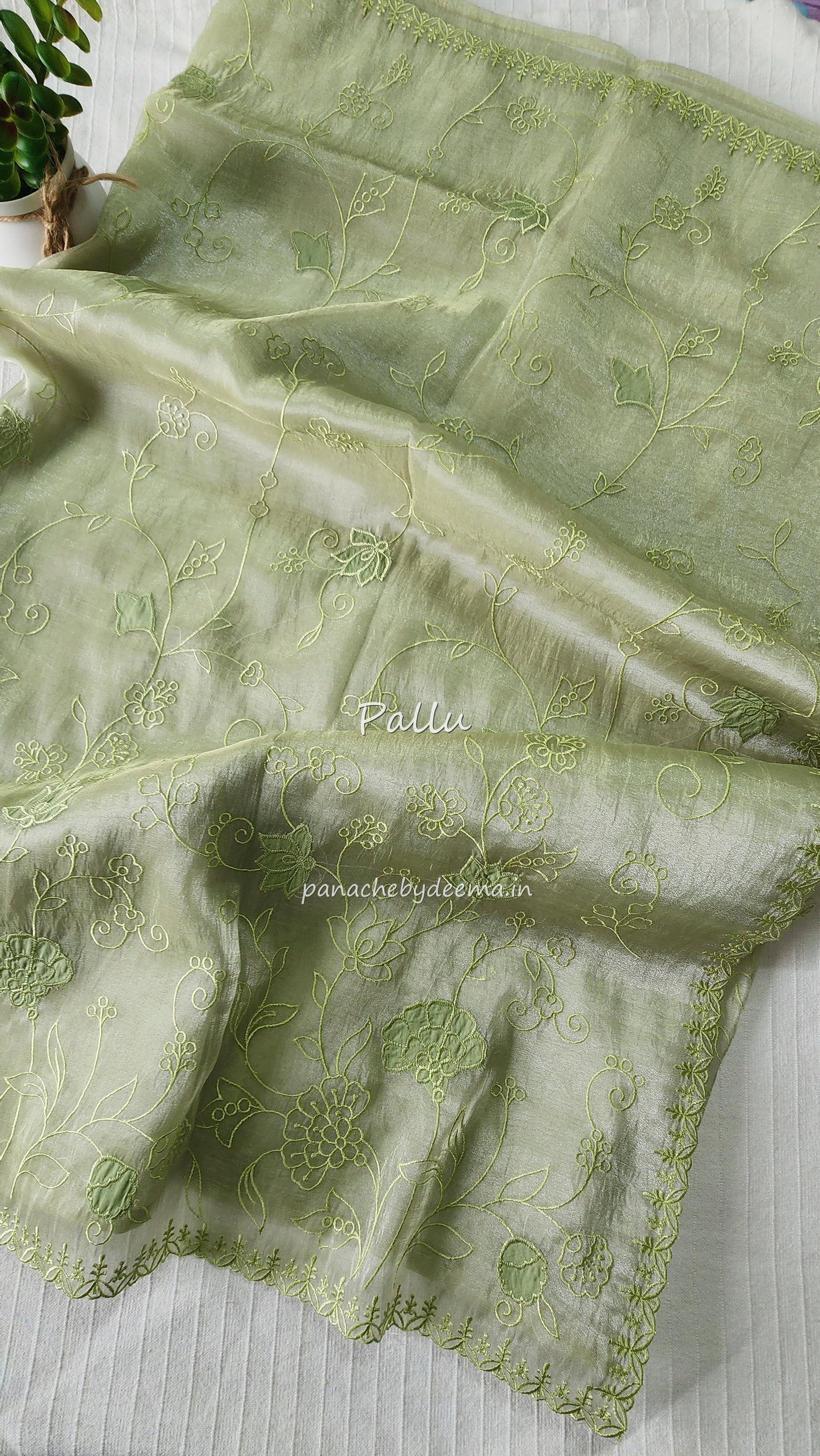 Tissue organza saree with applique work and embroidery |Light Pistah Green| AST5
