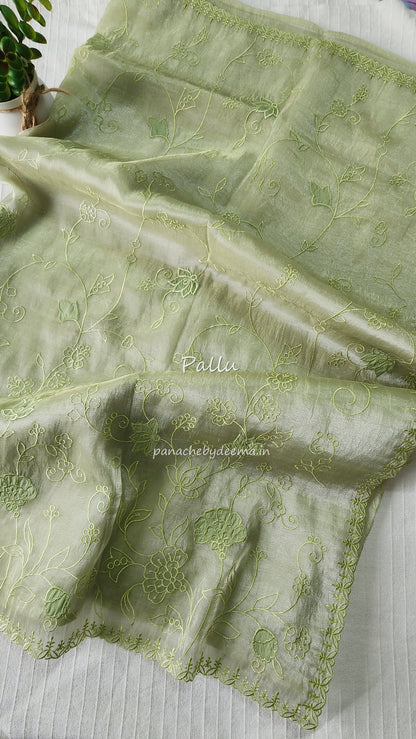 Tissue organza saree with applique work and embroidery |Light Pistah Green| AST5
