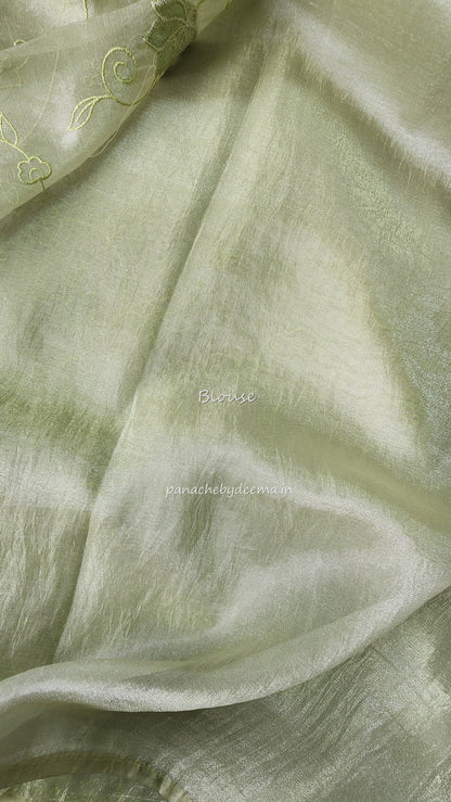 Tissue organza saree with applique work and embroidery |Light Pistah Green| AST5