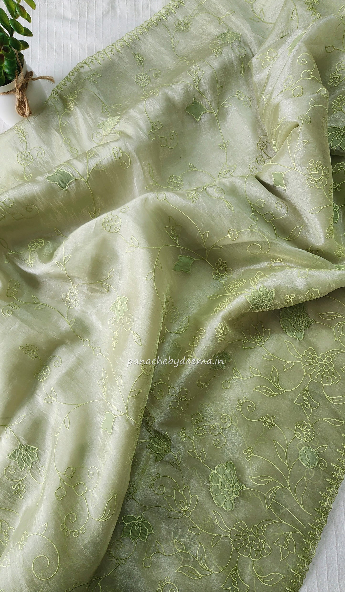 Tissue organza saree with applique work and embroidery |Light Pistah Green| AST5