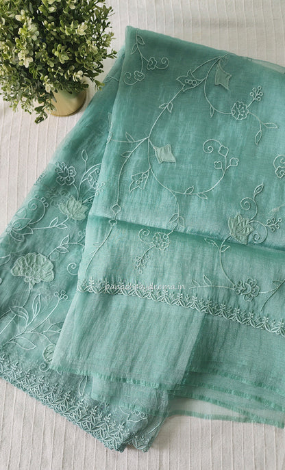 Tissue organza saree with applique work and embroidery |greenish blue| AST6