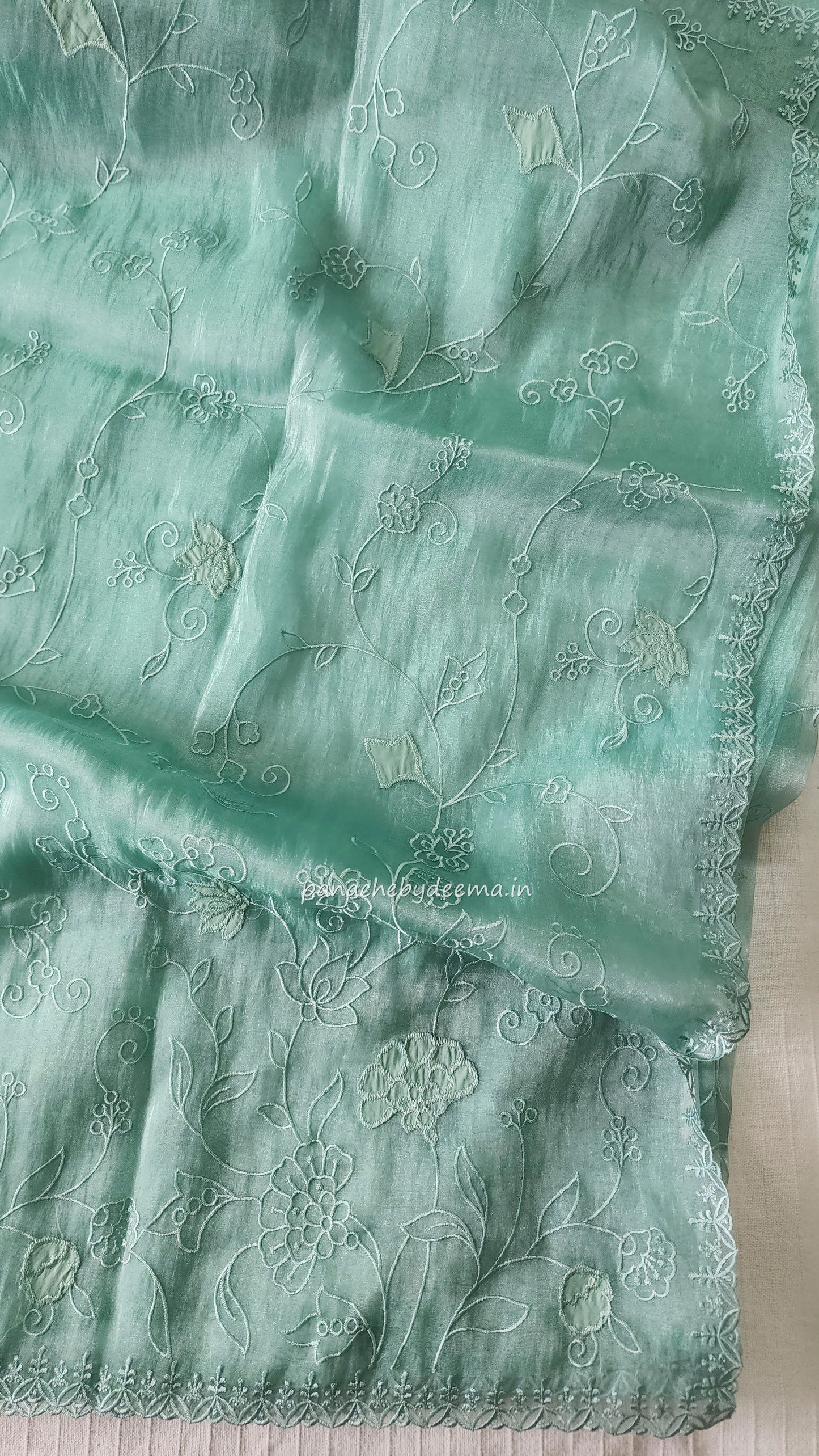Tissue organza saree with applique work and embroidery |greenish blue| AST6