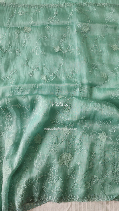 Tissue organza saree with applique work and embroidery |greenish blue| AST6