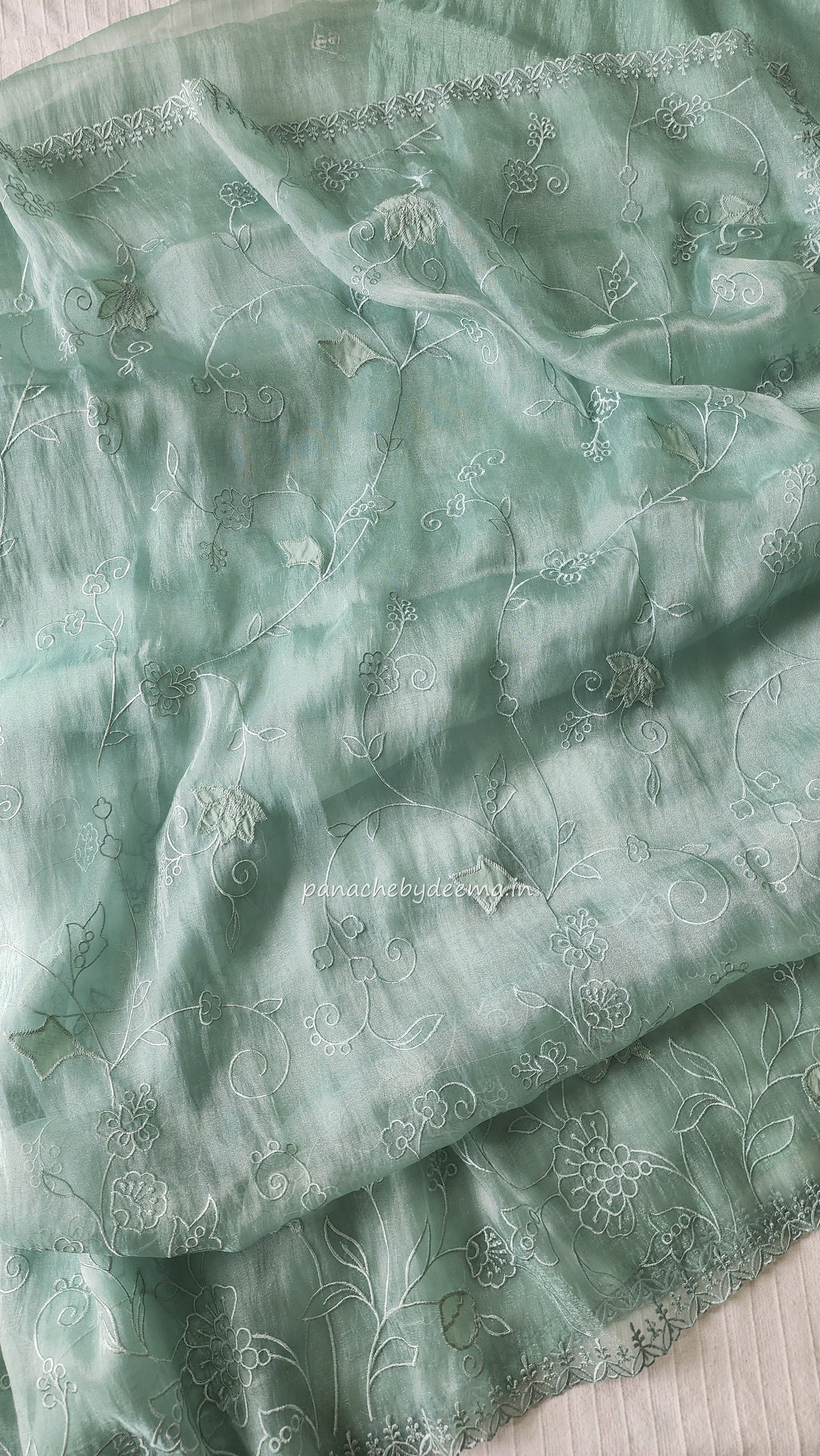 Tissue organza saree with applique work and embroidery |greenish blue| AST6