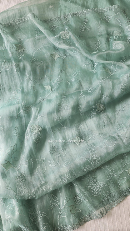 Tissue organza saree with applique work and embroidery |greenish blue| AST6