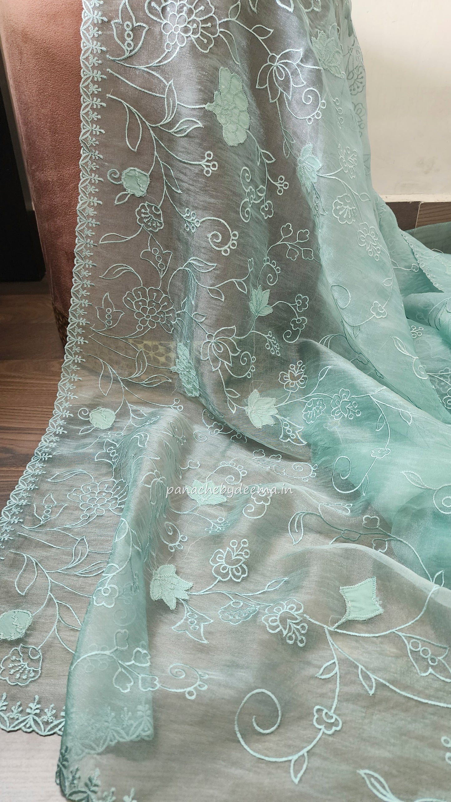Tissue organza saree with applique work and embroidery |greenish blue| AST6