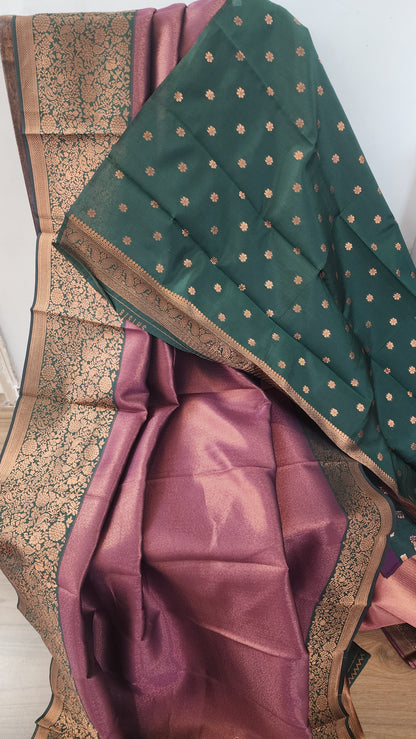 Copper zari woven soft semi silk saree with contrast border and blouse | Purple with with dark green border |PA123