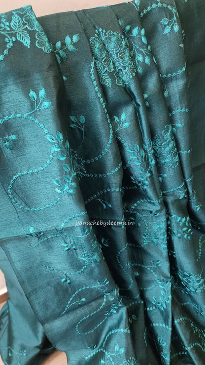 Art silk saree with embroidery | Peacock green | A4