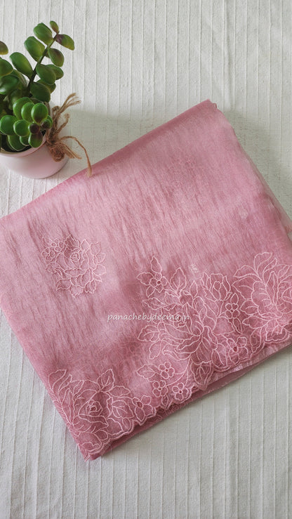 (Pre order available for restocking please whatsapp)Organza glass tissue saree with embroidery and cutwork  with scalloped borders() | Peachypink|GL4