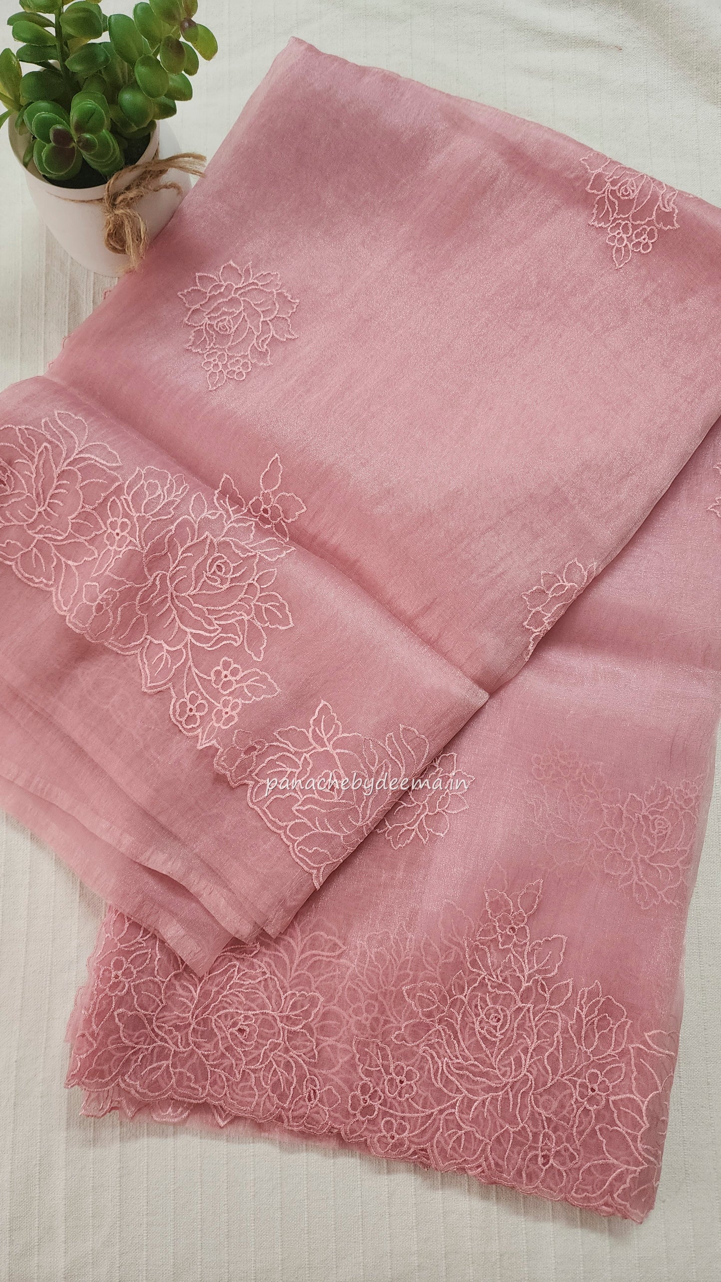 (Pre order available for restocking please whatsapp)Organza glass tissue saree with embroidery and cutwork  with scalloped borders() | Peachypink|GL4