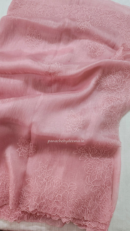 (Pre order available for restocking please whatsapp)Organza glass tissue saree with embroidery and cutwork  with scalloped borders() | Peachypink|GL4