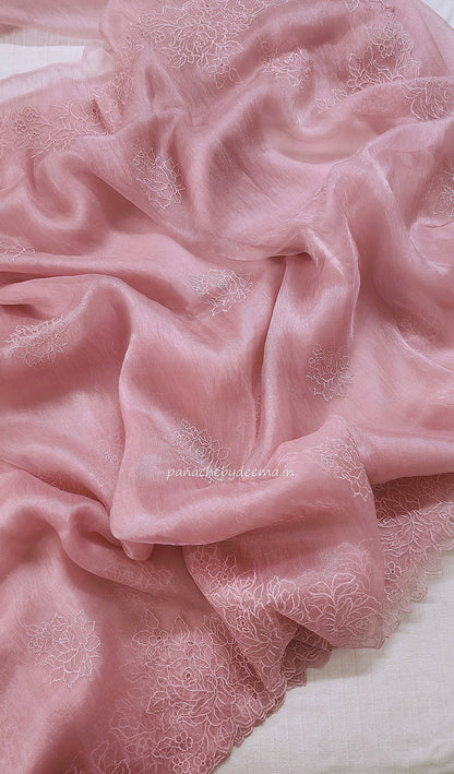 (Pre order available for restocking please whatsapp)Organza glass tissue saree with embroidery and cutwork  with scalloped borders() | Peachypink|GL4