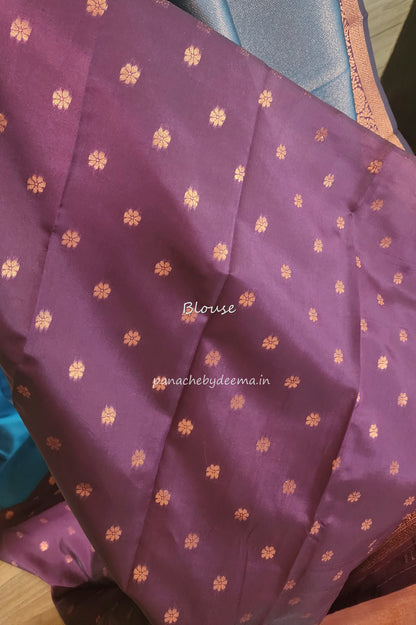 Copper zari woven semi kancheevaram  saree with contrast border and blouse | Peacock blue with purple border | SS124