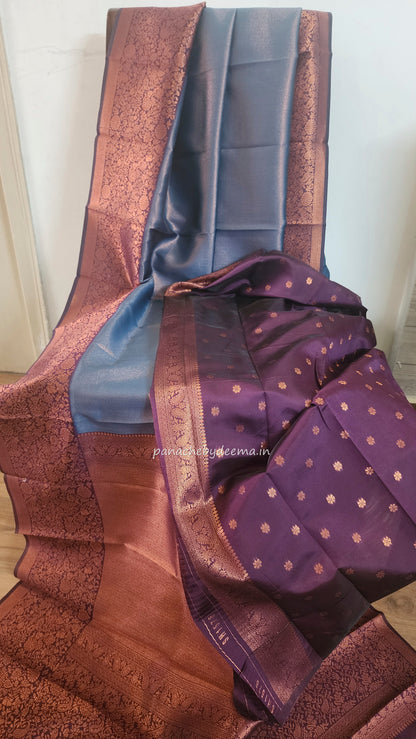 Copper zari woven semi kancheevaram  saree with contrast border and blouse | Peacock blue with purple border | SS124