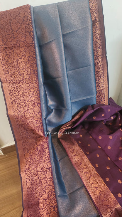Copper zari woven semi kancheevaram  saree with contrast border and blouse | Peacock blue with purple border | SS124