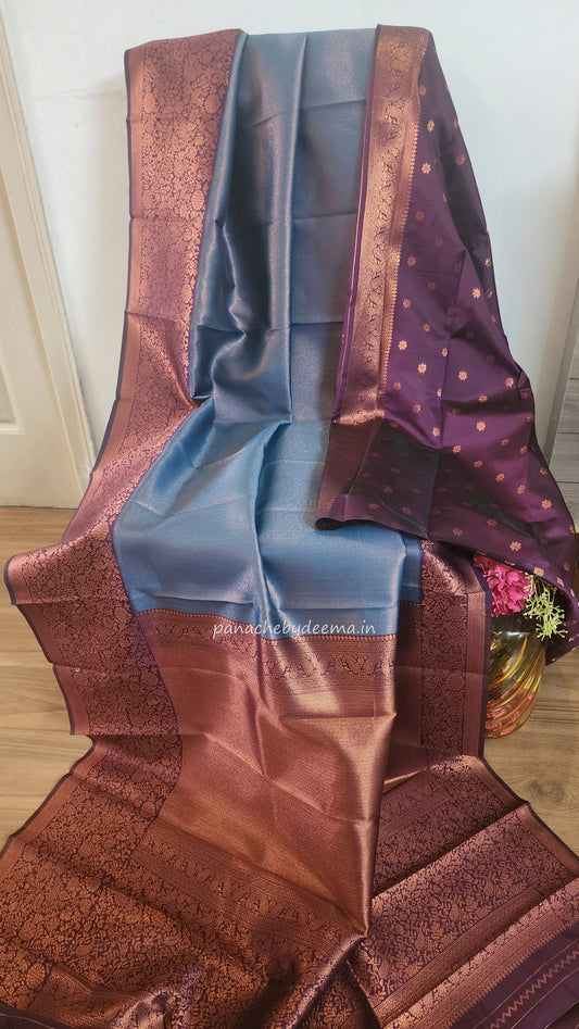 Copper zari woven semi kancheevaram  saree with contrast border and blouse | Peacock blue with purple border | SS124