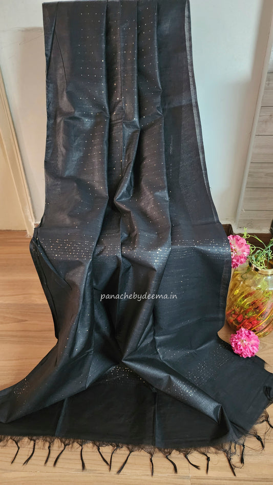 Semi tussar saree with sequins work all over body with plain borders | Black| STS3