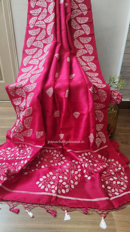 Matka silk designer saree with embroidery | Dark pink | SC2