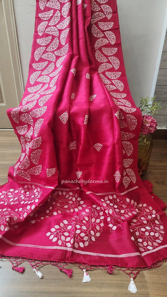 Matka silk designer saree with embroidery | Dark pink | SC2