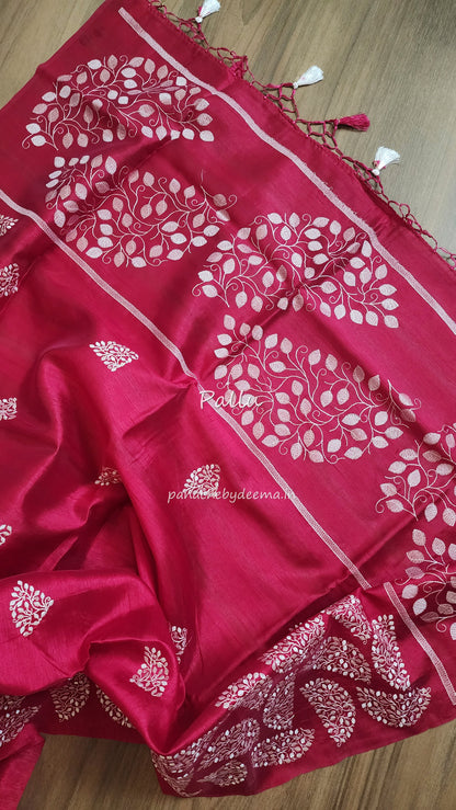 Matka silk designer saree with embroidery | Dark pink | SC2