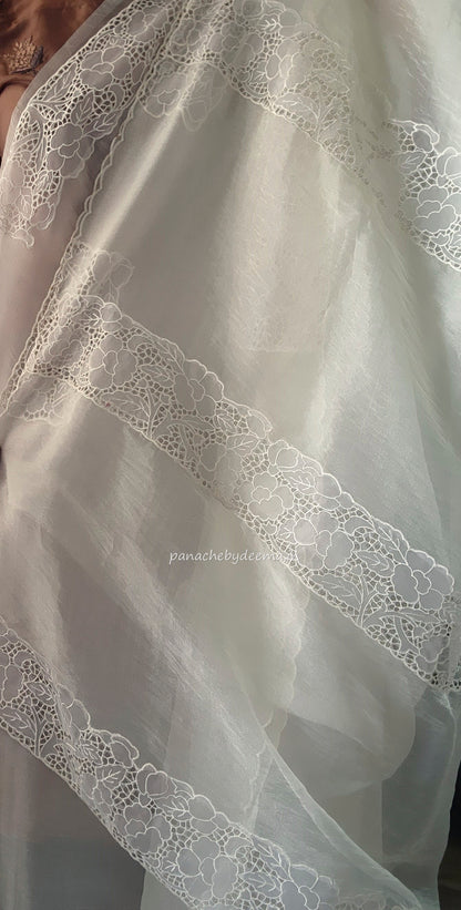 Tissue orgnaza saree with scallopped and cutwork borders | HC100 |Milky white/Offwhite