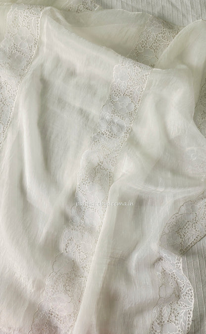 Tissue orgnaza saree with scallopped and cutwork borders | HC100 |Milky white/Offwhite