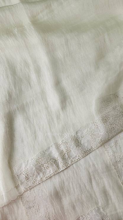 Tissue orgnaza saree with scallopped and cutwork borders | HC100 |Milky white/Offwhite